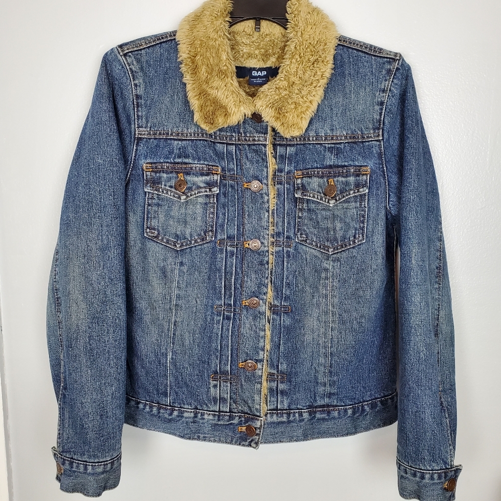 Vintage Gap Denim Jean Trucker Jacket Faux Fur Sherpa Lined Womens Sz S Vtg 2002